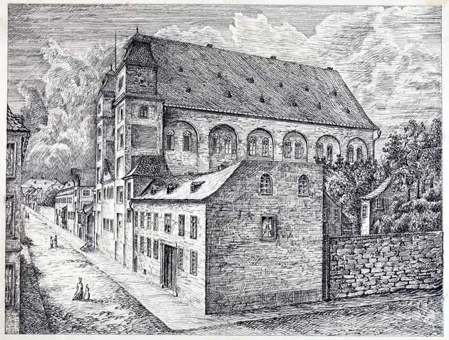 "Das ehemalige Altenmünsterkloster und die Kirche, im 19. Jh. Militärlazareth". Federzeichnung von Leonhard Hess aus dem Jahr 1885