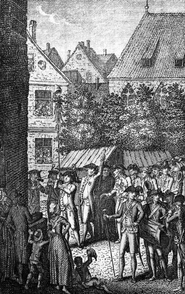 Die Aufstellung des ersten Freiheitsbaums in Mainz am 3. November 1782. Auf einer Stange wird die Jakobinermütze vorangetragen.