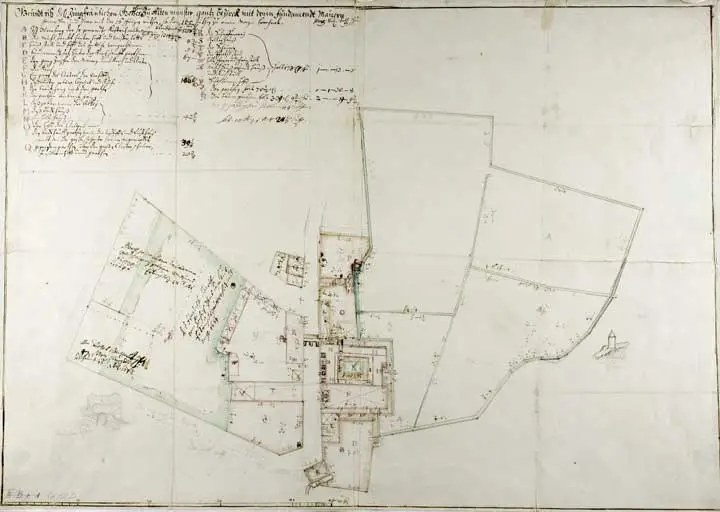 "Grundtriss dess Jungfräulichen GottesHauss zu Altenmünster, gantz bezirck mit denen fundamendtmauern gemessen ...". Lageplan des Altmünsterklosters um 1770