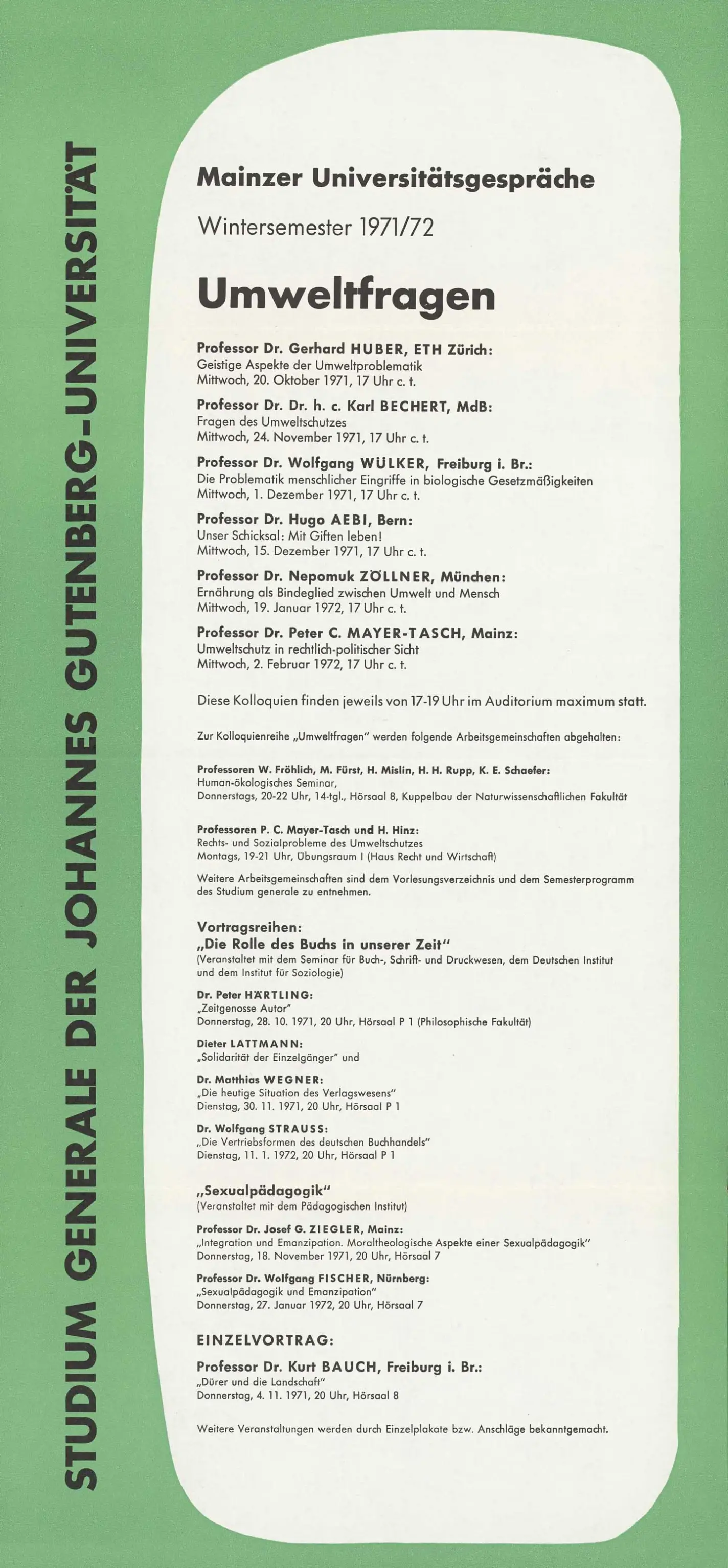 Ankündigung Mainzer Universitätsgespräche 1971/72 "Umweltfragen"