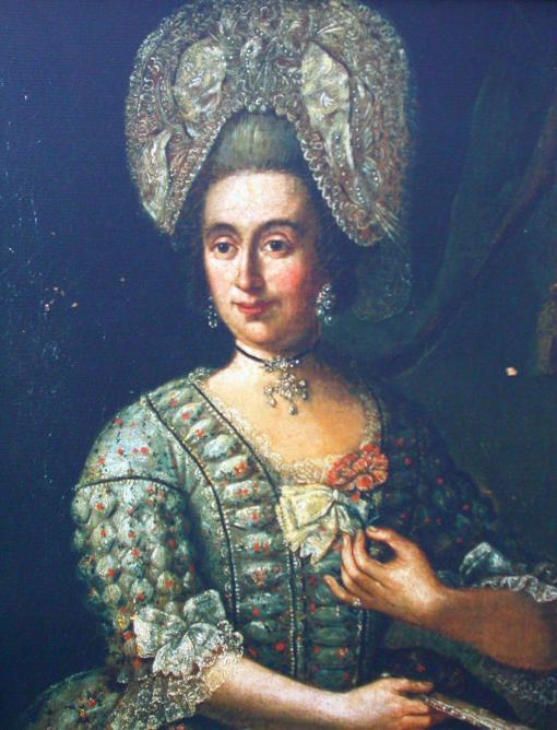 Anna Clara Manera, 1. Hälfte 18. Jh., Maler unbekannt, Kopie (Foto gedruckt auf Tapete) im Pfarrhaus von St. Ignaz/Mainz; Verbleib des Originals unbekannt